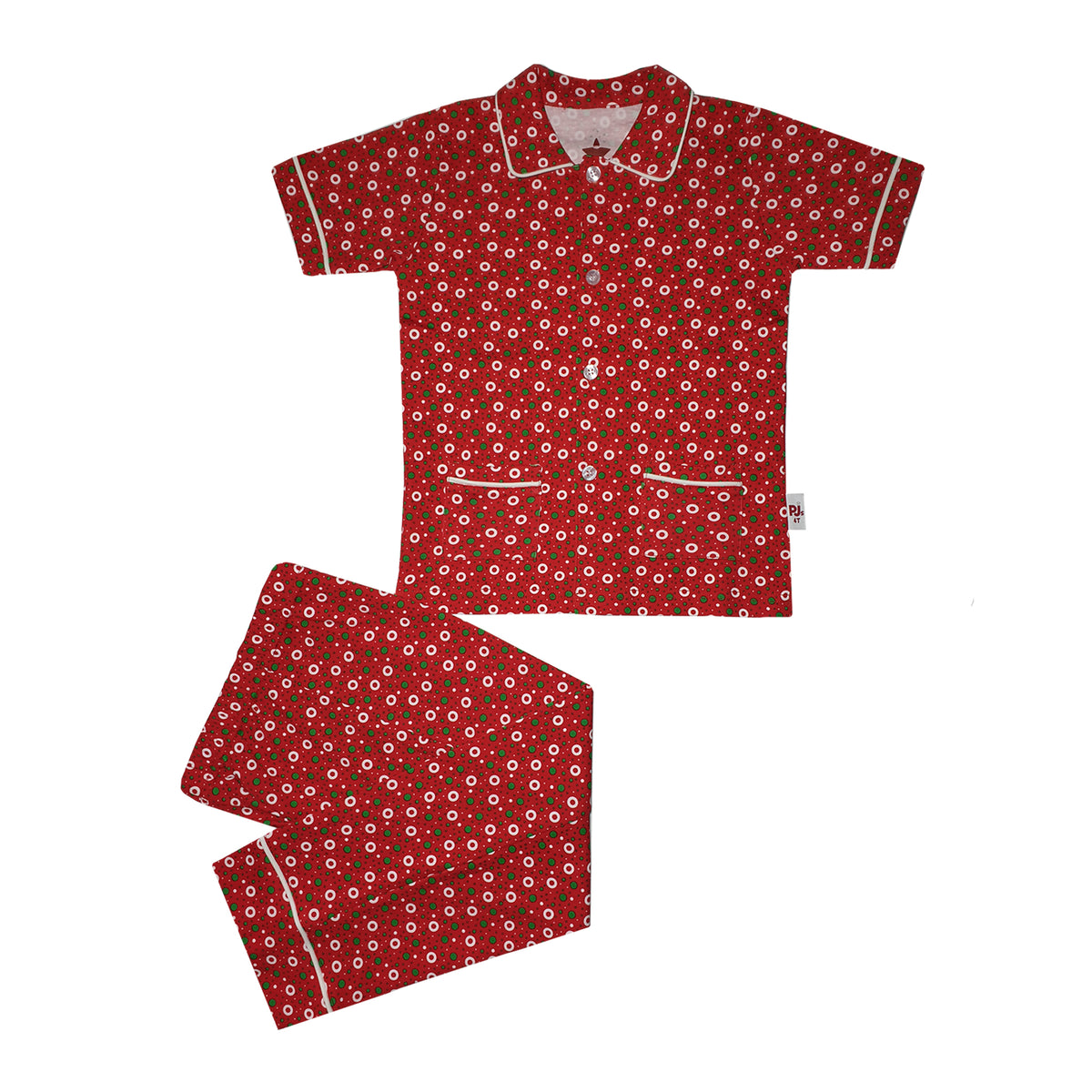 1226PLK16 RED GROUND WITH BIG WHITE/GREEN POLKA