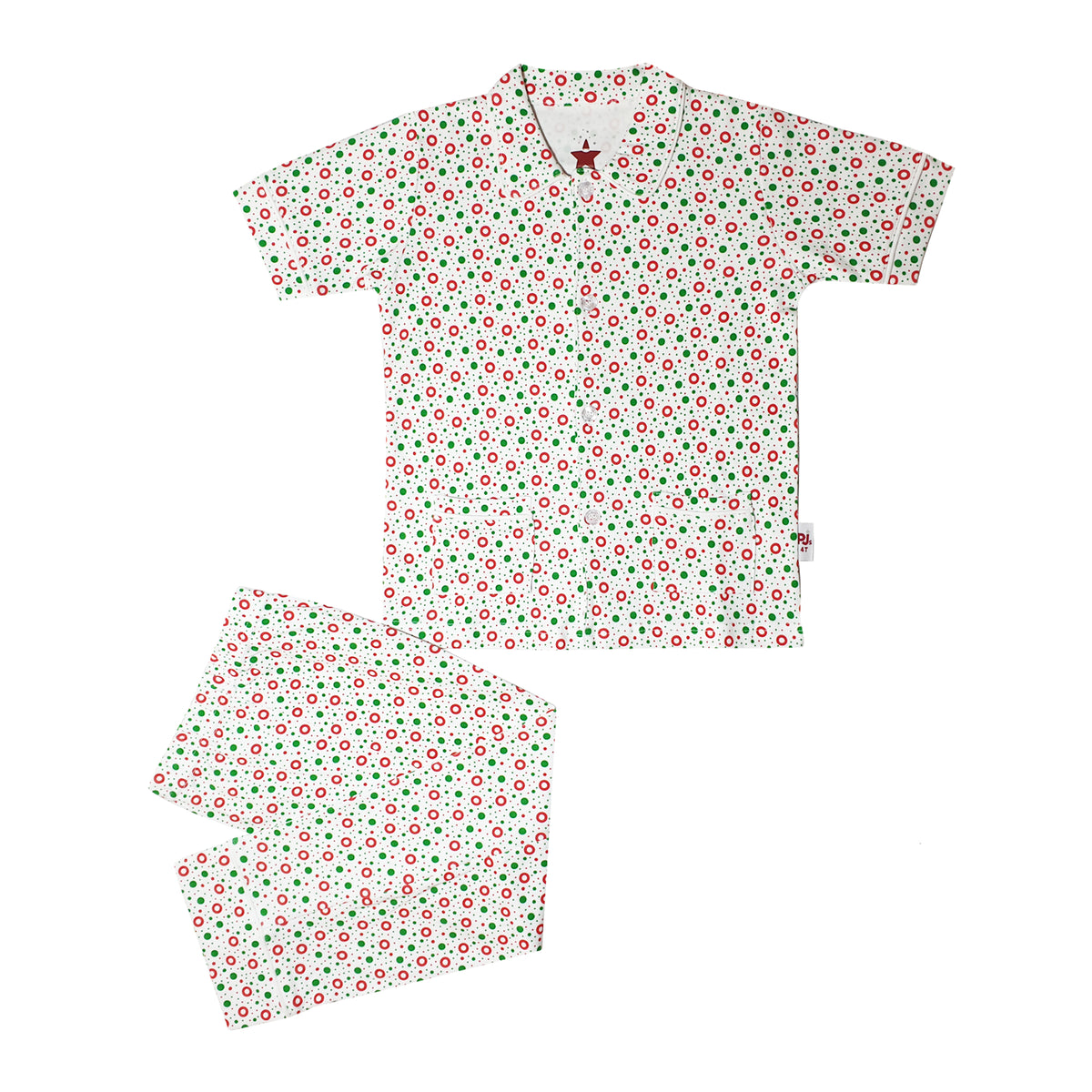 1226PLK16 WHITE GROUND WITH BIG RED/GREEN POLKA