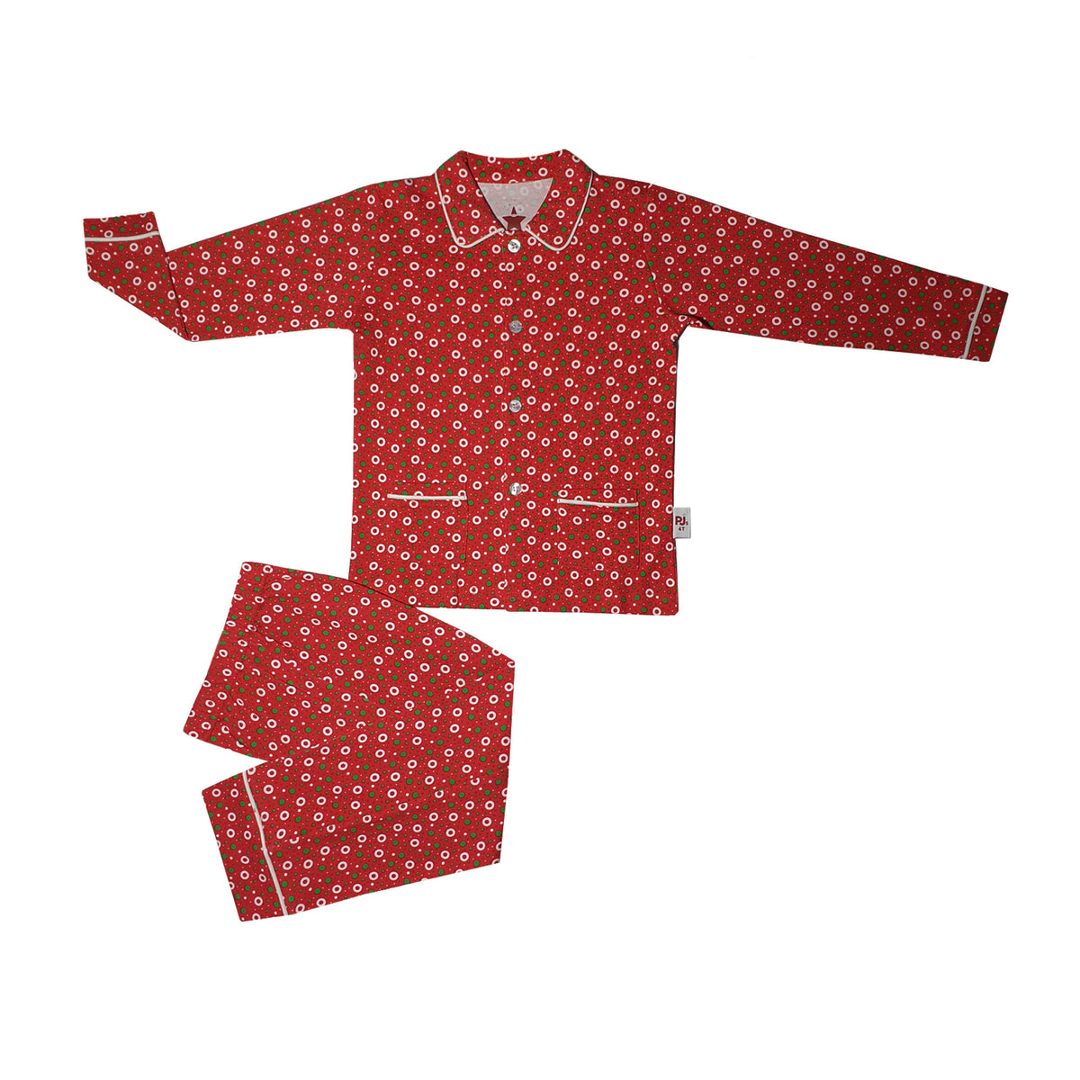 1226PLK16 RED GROUND WITH BIG WHITE/GREEN POLKA